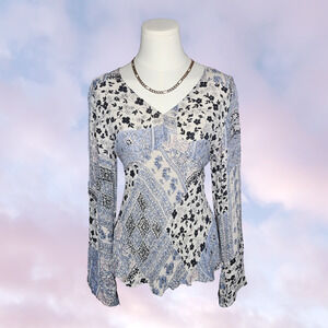 Vtg Hanna & Gracie Y2k Patchwork Floral Top Boho Cottagecore Bell Sleeve Sz 8
